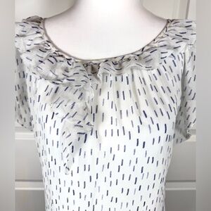 Banana Republic Ruffle Neck Blouse XS White Blue Abstract Print Flutter Sleeve